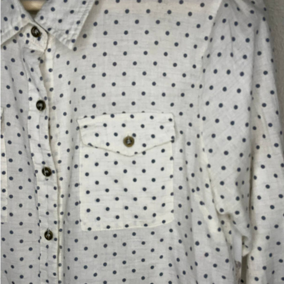 EN Creme Multi Print Blouse Womens Small S Button Up Roll Tab High Low Colorful - Picture 8 of 12